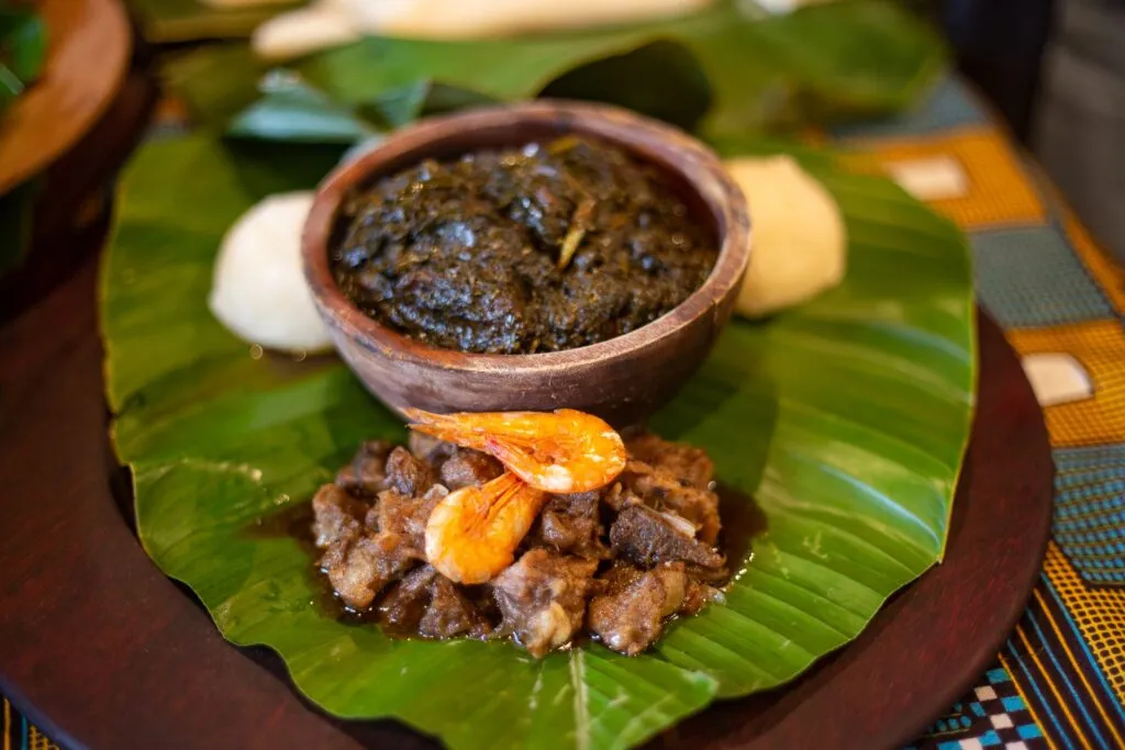 Fufu with eru (Gnetum leaves), the Cameroonian relative of Congolese fumbwa