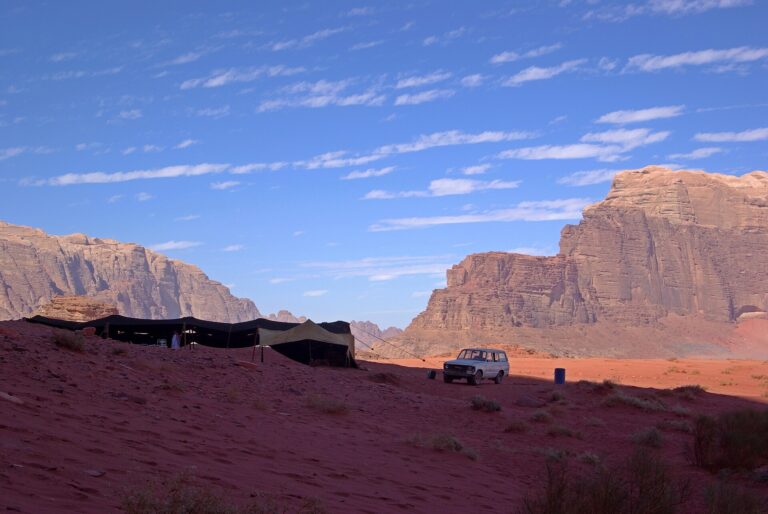 Camp in the desert at dusk