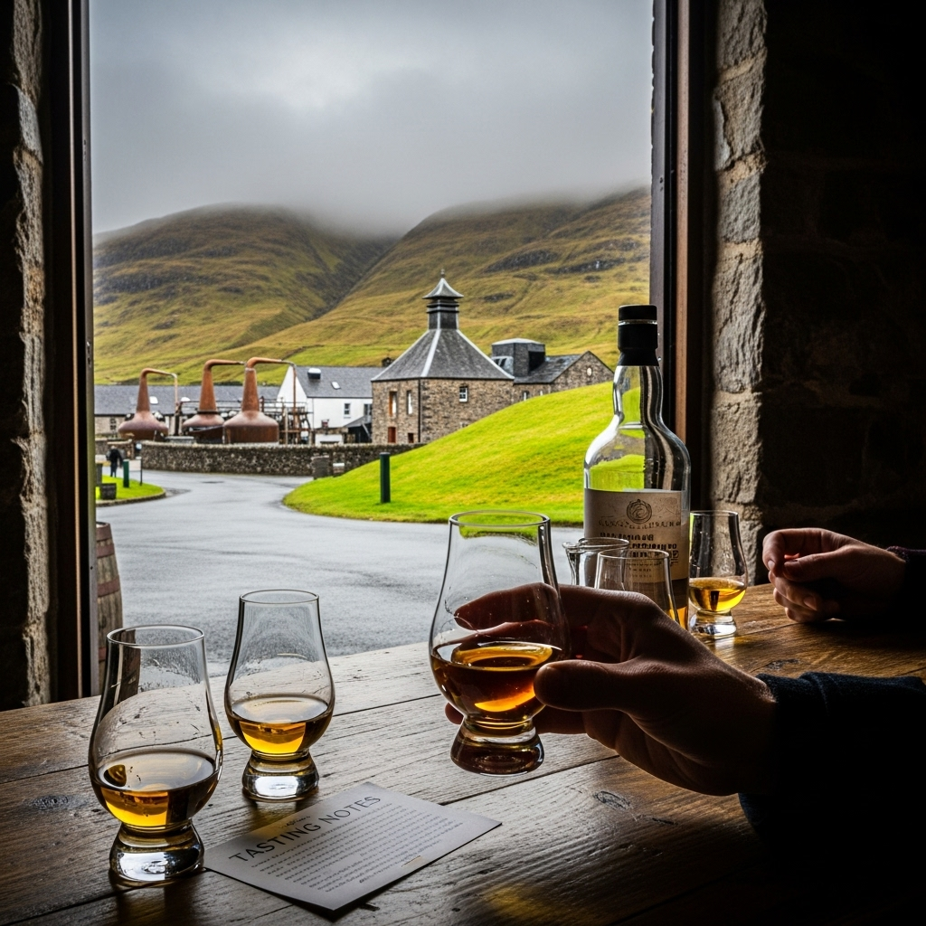 Generate an eye-catching, high-quality featured image for a blog post about: Whisky Distillery Tours