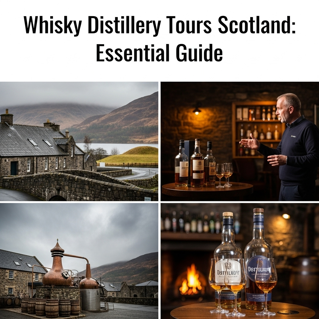 Generate an eye-catching, high-quality featured image for a blog post about: Whisky Distillery Tours