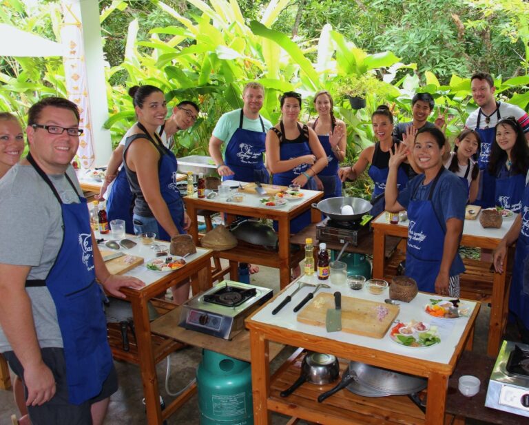 Cooking class preparing Thai dishes