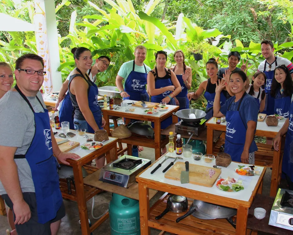 Cooking class preparing Thai dishes